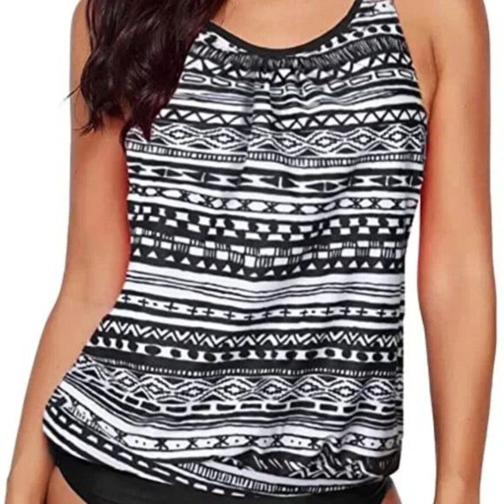 Tempt Me Womens Tankini Swim Suit Top Small Black White Tribal Blouson Top NEW